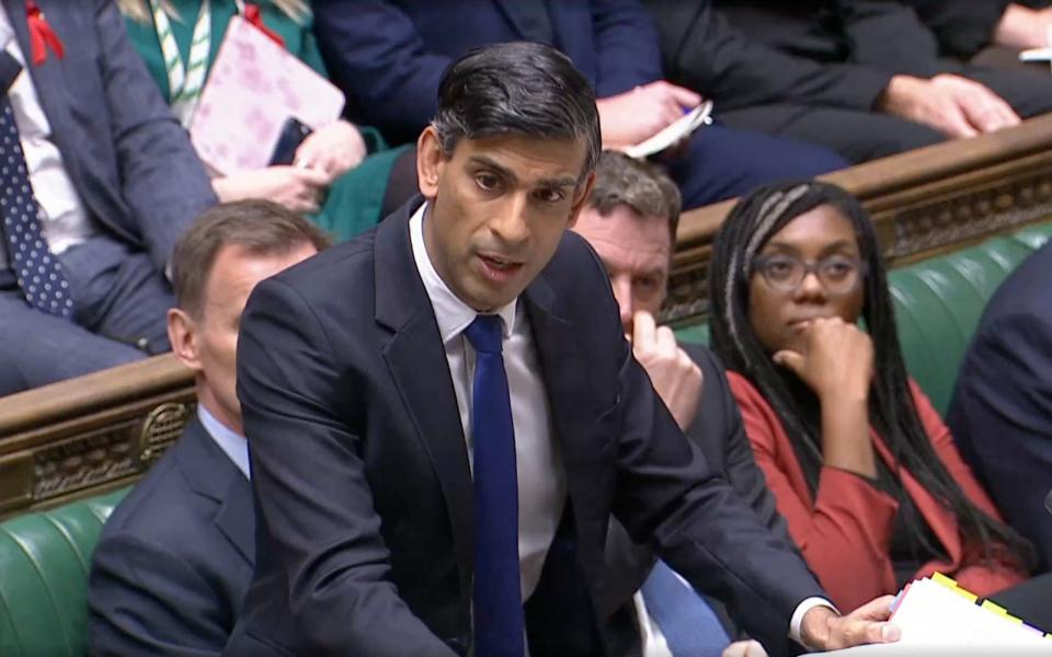 Rishi Sunak, the Prime Minister, addresses the House of Commons during PMQs this afternoon