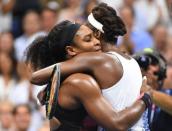 Sep 8, 2015; New York, NY, USA; Serena Williams of the USA (left) hugs sister Venus Williams of the USA after their match on day nine of the 2015 U.S. Open tennis tournament at USTA Billie Jean King National Tennis Center. Mandatory Credit: Robert Deutsch-USA TODAY Sports