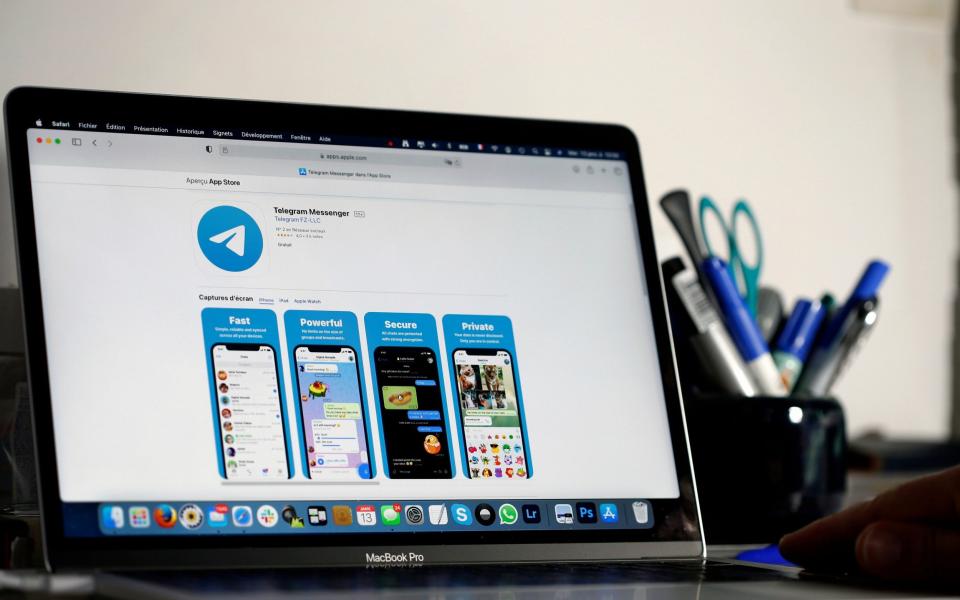 In this photo illustration, the home page of the social media application Telegram is displayed on the screen of a MacBook Pro  - Chesnot/Getty Images Europe