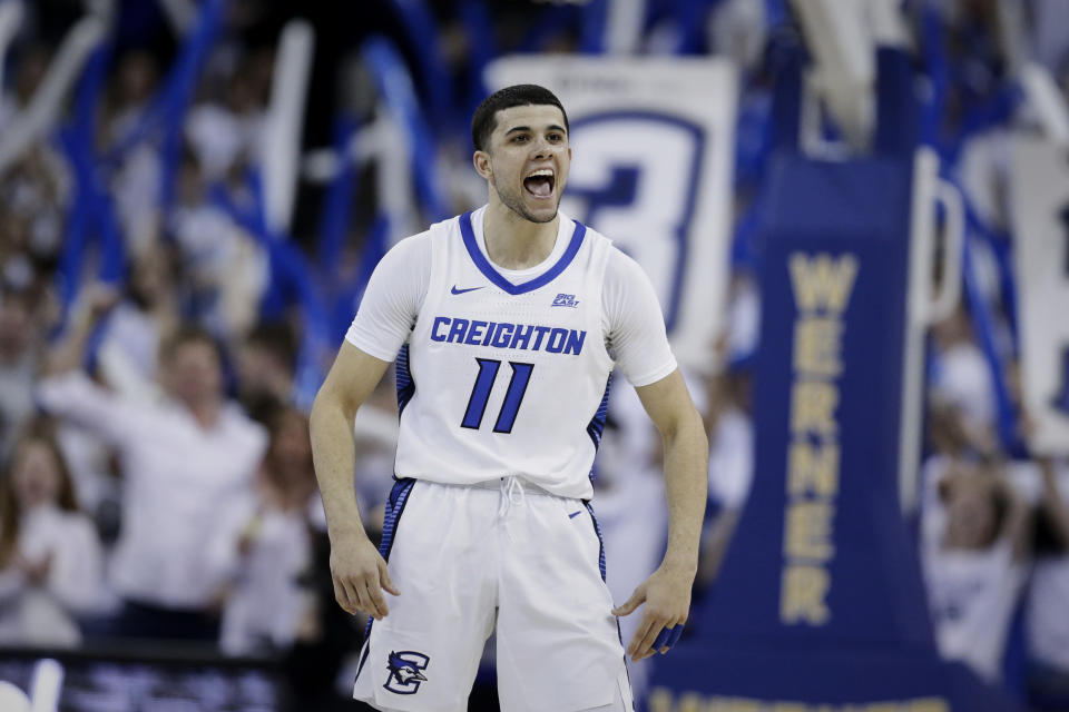 Creighton's Marcus Zegarowski (11) celebrates in the closing minutes of the second half of an NCAA college basketball game against Seton Hall in Omaha, Neb., Saturday, March 7, 2020. Creighton won 77-60. (AP Photo/Nati Harnik)