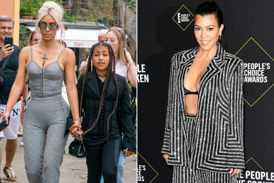 Mandatory Credit: Photo by Shutterstock (12950707ap) Kim Kardashian with North Kim Kardashian and children walking in Portofino during the build up to Kourtney and Travis Barker's wedding, Italy - 22 May 2022; SANTA MONICA, CALIFORNIA - NOVEMBER 10: Kourtney Kardashian attends the 2019 E! People's Choice Awards at Barker Hangar on November 10, 2019 in Santa Monica, California. (Photo by Jon Kopaloff/FilmMagic)