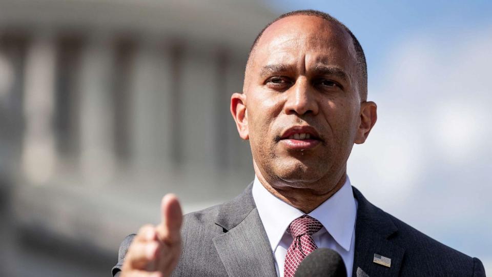 PHOTO: House Minority Leader Hakeem Jeffries speaks at a press conference on Ethan's Law, a bill to prohibit unsafe gun storage, at the U.S. Capitol, on Sept. 13, 2023, in Washington, D.C. (Allison Bailey/NurPhoto via Shutterstock)