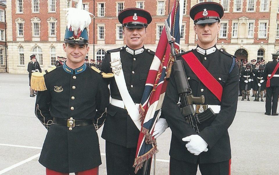 Picture shows: Lt Franco Albrecht (left) alongside British cadets at Sandhurst in 2014. Albrecht, the German army officer arrested for masqueraing as a refugee and accused of planning a false flag terror attack, has spoken out publicly for the first time this week. Sourced by Justin Huggler - Private