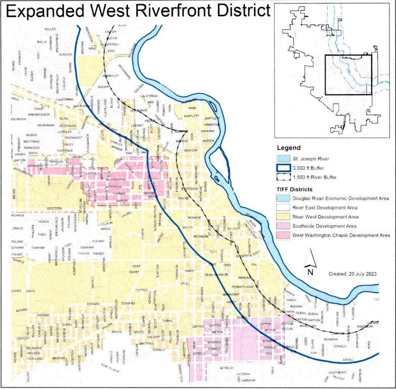 A map shows the expanded area on the western side of the St. Joseph River where businesses that serve food will be eligible for cheaper three-way liquor licenses.