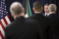 U.S. Secretary of State Antony Blinken addresses U.S. embassy staff at his hotel during a stop in Kuwait City, Kuwait Thursday, July 29, 2021. (Jonathan Ernst/Pool Photo via AP)