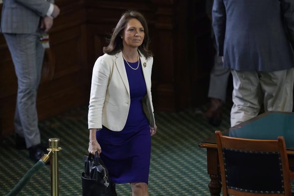 Texas state Sen. Angela Paxton, R-McKinney, wife of impeached state Attorney General Ken Paxton, arrives to the Senate Chamber at the Texas Capitol in Austin, Texas, Monday, May 29, 2023. The historic impeachment of Paxton is plunging Republicans into a bruising fight over whether to banish one of their own in America's biggest red state. (AP Photo/Eric Gay)