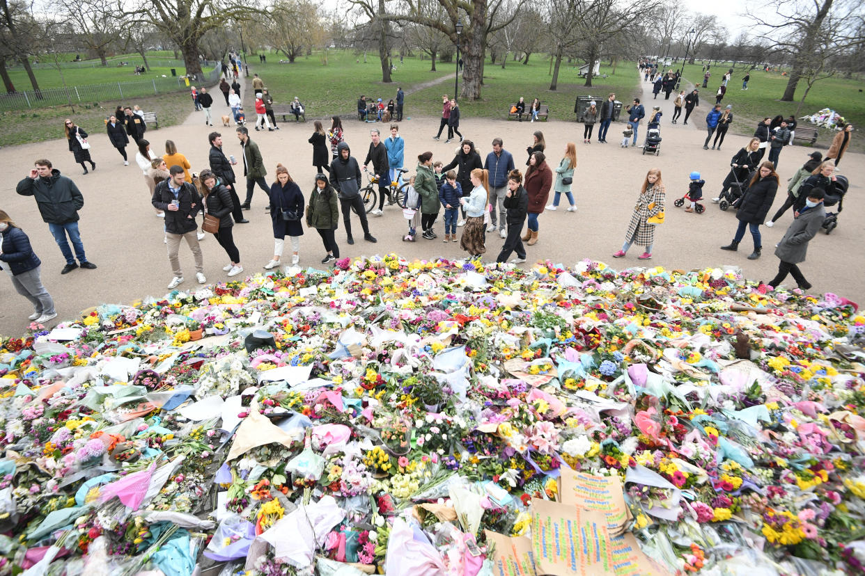 Floral tributes left at the bandstand in Clapham Common for Sarah Everard in March. (PA)