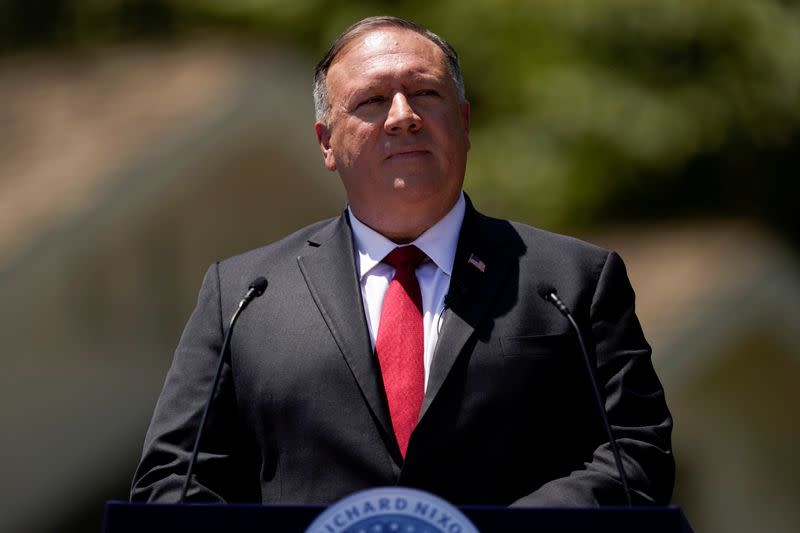FILE PHOTO: Secretary of State Mike Pompeo speaks at the Richard Nixon Presidential Library