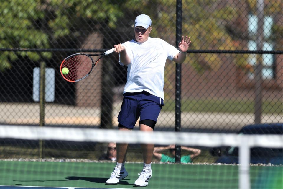 Delta's Riley Bratton in the boys tennis sectional championship at Delta High School on Saturday, Oct. 1, 2022.