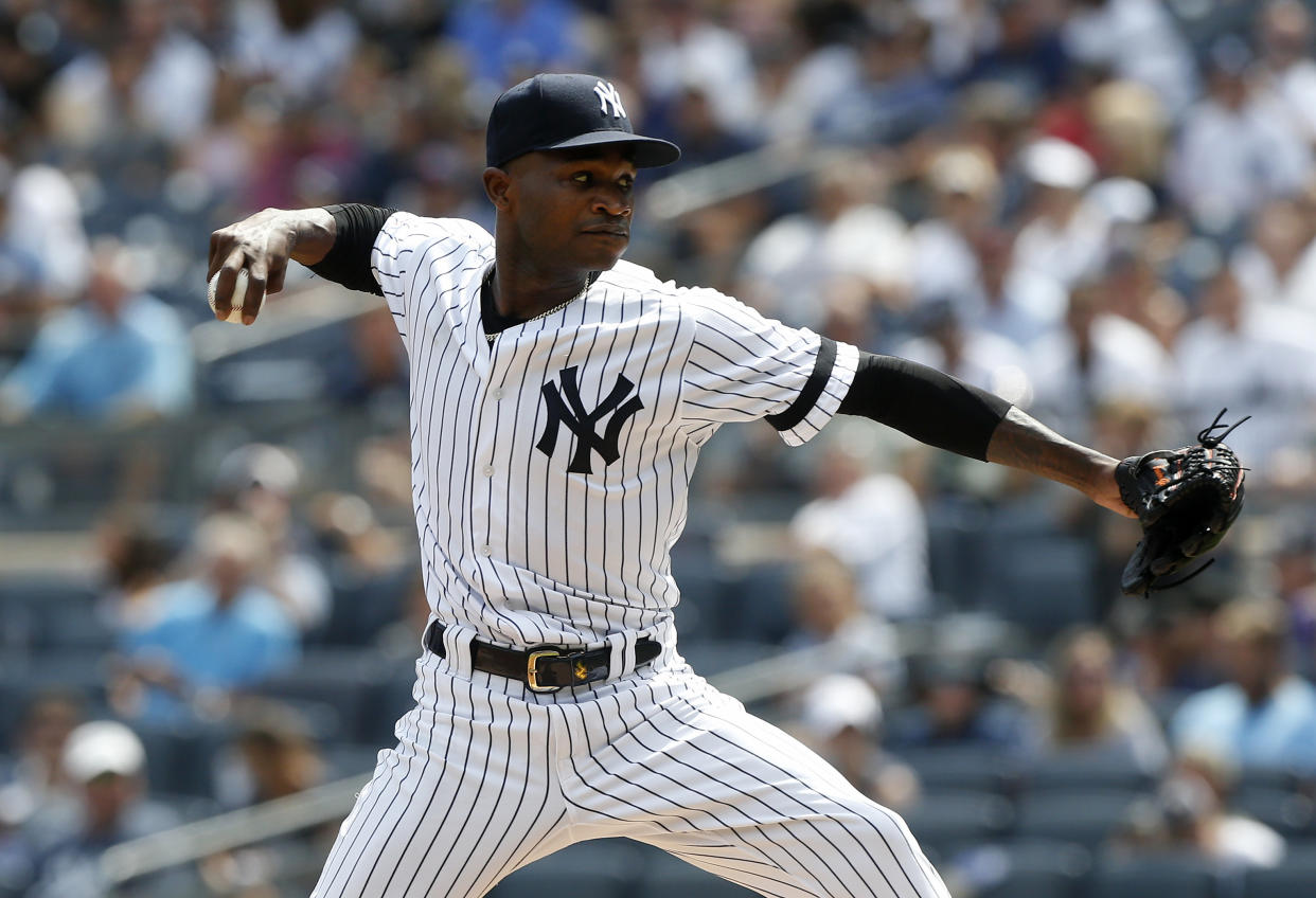 NEW YORK, NEW YORK - AUGUST 31:   Domingo German #55 of the New York Yankees in action against the Oakland Athletics at Yankee Stadium on August 31, 2019 in New York City.  The Yankees defeated the A's 4-3 in eleven innings. (Photo by Jim McIsaac/Getty Images)