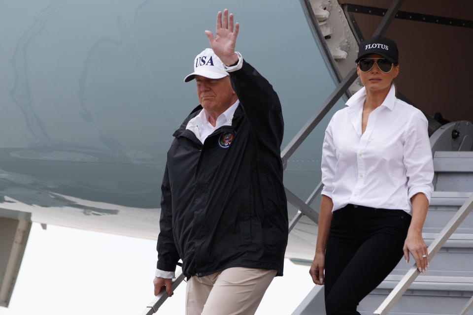 President Trump and first lady Melania Trump arrive at Corpus Christi International airport for briefings on Hurricane Harvey relief efforts, Tuesday, Aug. 29, 2017, in Corpus Christi, Texas. (Photo:Evan Vucci/AP)