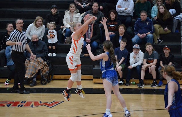Armada's Meya Drob shoots a 3-pointer during a game earlier this season. She scored 13 points in the Tigers' 36-33 win over Algonac on Tuesday.