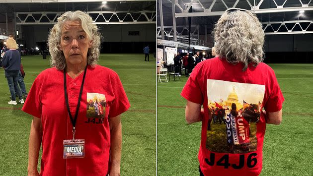 Micki Witthoeft, mother of Ashli Babbit, wore a T-shirt emblazoned with the letters “J4J6” — Justice For Jan. 6 — next to a photo of her daughter outside the Capitol building. (Photo: Christopher Mathias / HuffPost)