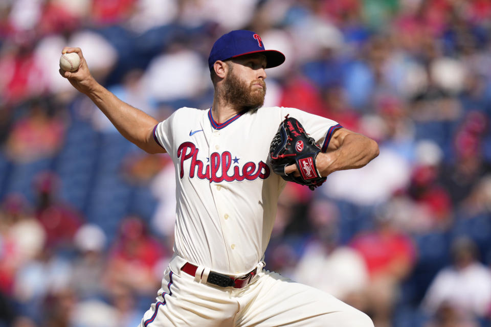 Philadelphia Phillies' Zack Wheeler pitches during the first inning of a baseball game against the Toronto Blue Jays, Wednesday, May 10, 2023, in Philadelphia. (AP Photo/Matt Slocum)