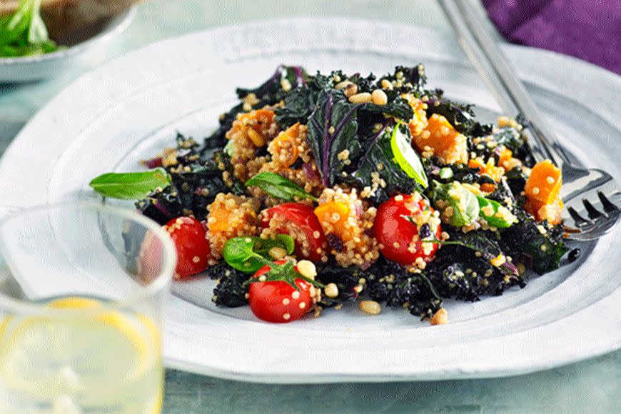 Warm kale, pumpkin and tomato salad