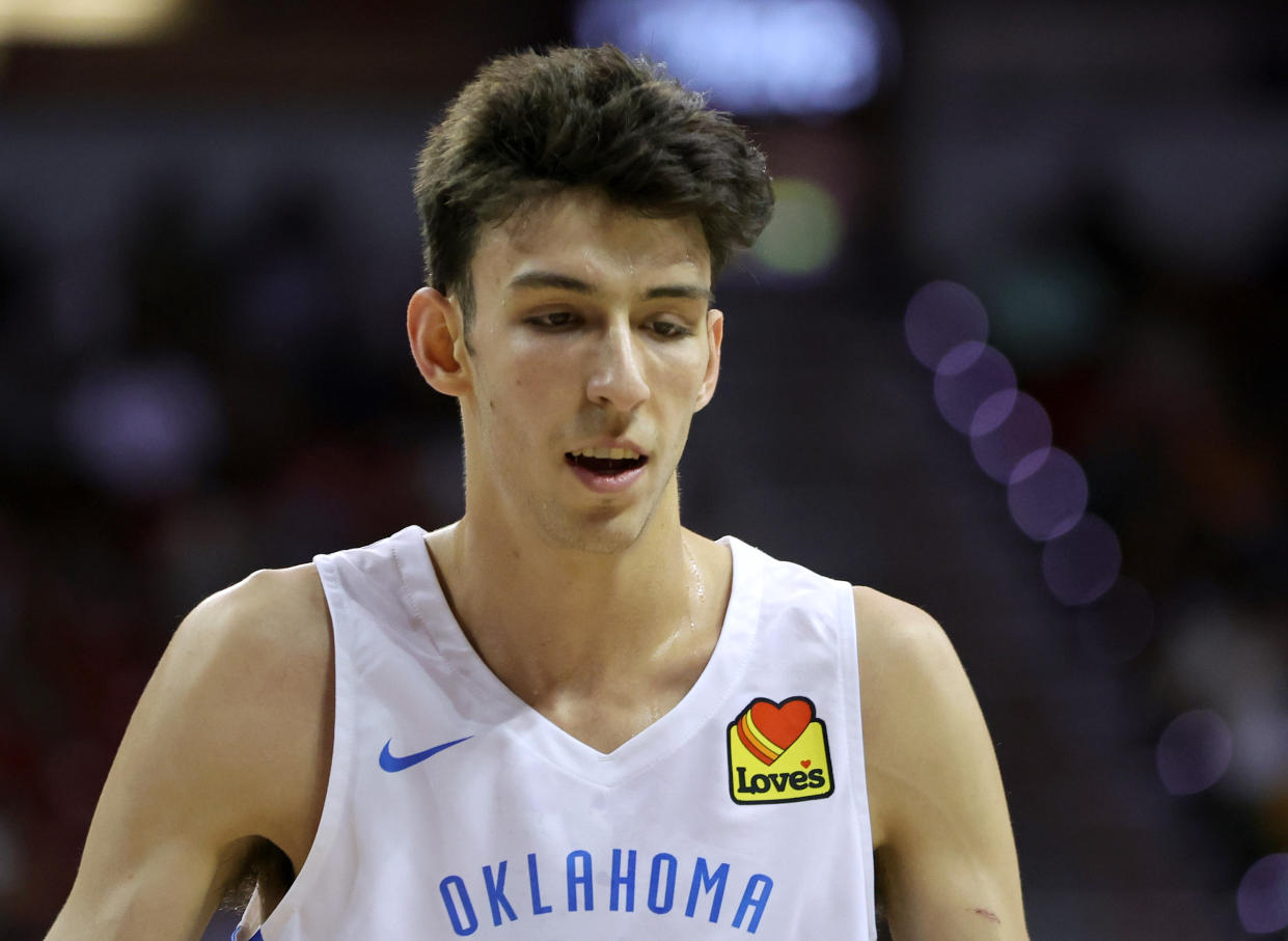 Chet Holmgren of the Oklahoma City Thunder smiles on the court during a game against the Orlando Magic during the 2022 NBA Summer League at the Thomas & Mack Center on July 11, 2022 in Las Vegas, Nevada. NOTE TO USER: User expressly acknowledges and agrees that, by downloading and or using this photograph, User is consenting to the terms and conditions of the Getty Images License Agreement. (Photo by Ethan Miller/Getty Images)