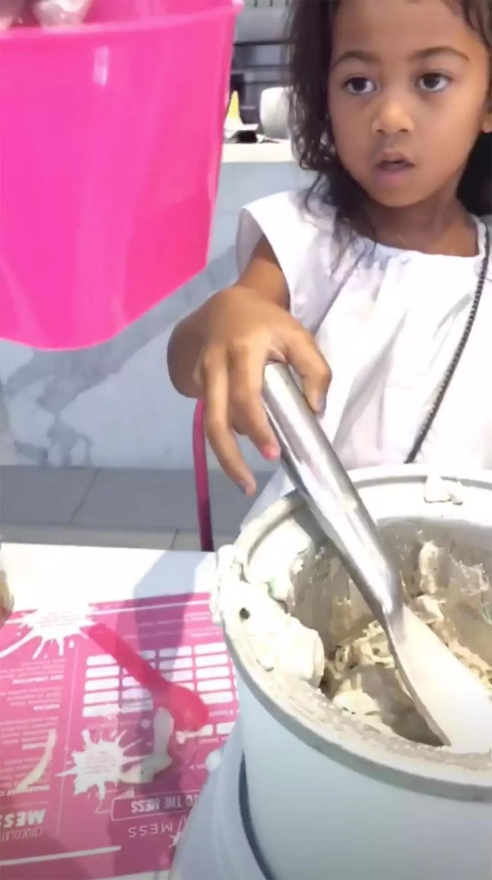 Kim took North and a friend (pictured here) to make ice cream for her birthday. (Photo: Kim Kardashian via Instagram)