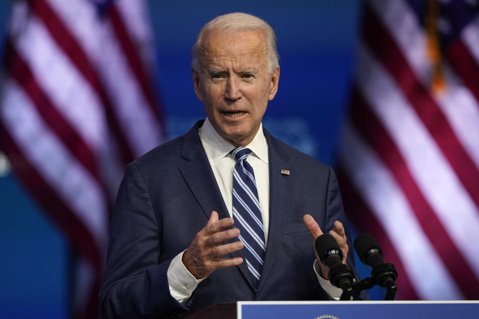 President-elect Joe Biden speaks Tuesday, Nov. 10, 2020, at The Queen theater in Wilmington, Del. (AP Photo/Carolyn Kaster)