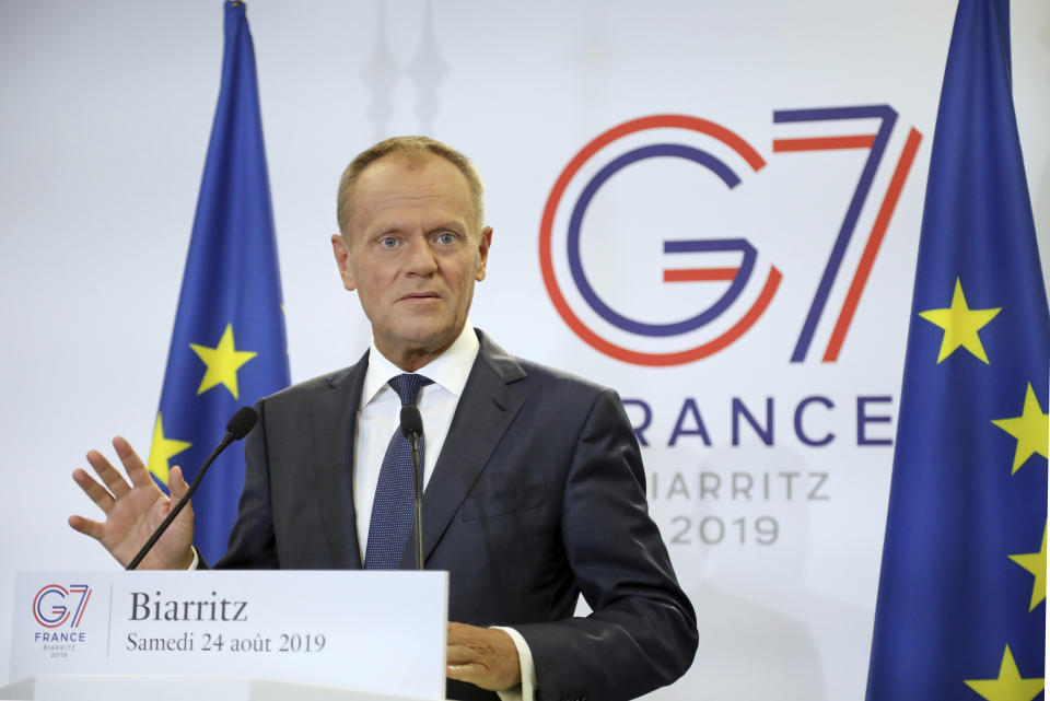 President of the European Council Donald Tusk speaks during a press conference on the first day of the G-7 summit in Biarritz, France Saturday, Aug. 24, 2019. U.S. President Donald Trump and the six other leaders of the Group of Seven nations will begin meeting Saturday for three days in the southwestern French resort town of Biarritz. France holds the 2019 presidency of the G-7, which also includes Britain, Canada, Germany, Italy and Japan. (AP Photo/Markus Schreiber)