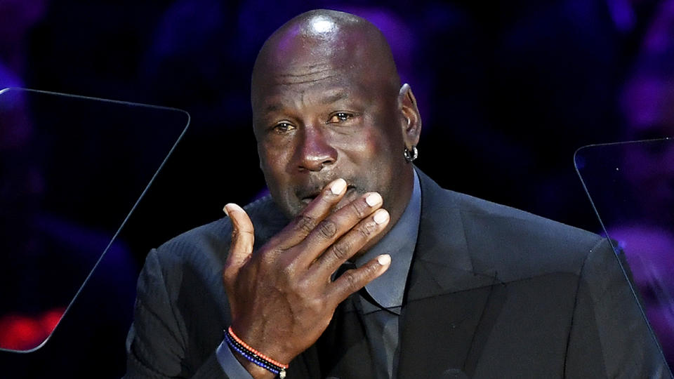 Michael Jordan is pictured speaking at the public memorial for Kobe and Gianna Bryant in Los Angeles. 