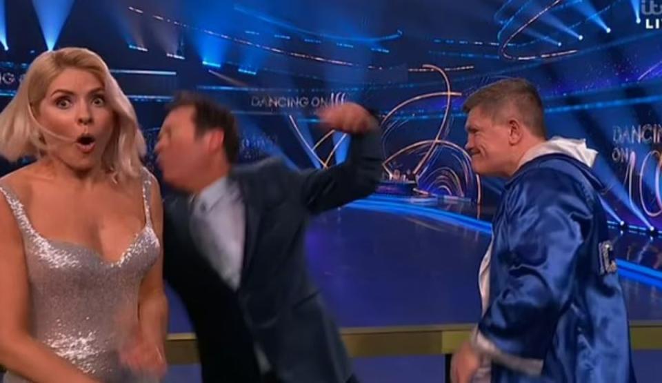 Holly Willoughby looked on open-mouthed after Ricky Hatton sent Stephen Mulhern flying (ITV)