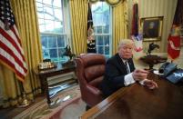 U.S. President Donald Trump speaks during an interview with Reuters in the Oval Office of the White House in Washington, U.S., April 27, 2017. REUTERS/Carlos Barria