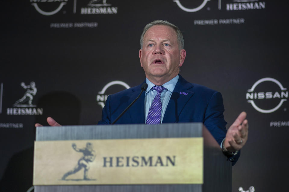 LSU football coach Brian Kelly speaks to reporters after LSU quarterback Jayden Daniels won the Heisman Trophy award, Saturday, Dec. 9, 2023, in New York. (AP Photo/Eduardo Munoz Alvarez)