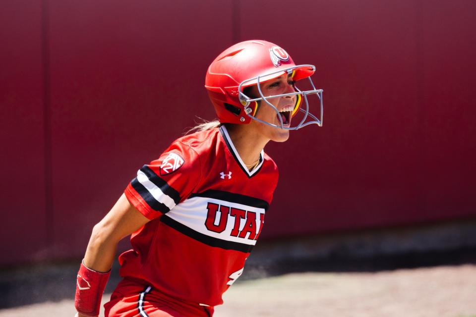 Utah outfielder Shelbi Ortiz (4) reacts during the third game of the NCAA softball Super Regional between Utah and San Diego State at Dumke Family Softball Stadium in Salt Lake City on Sunday, May 28, 2023. | Ryan Sun, Deseret News