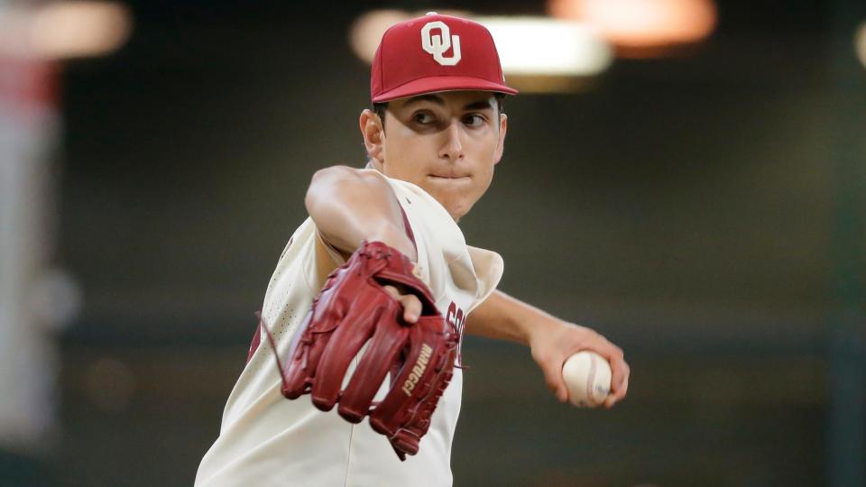 Oklahoma pitcher Chazz Martinez (48) during an NCAA baseball game against Tennessee on Sunday, March 6, 2022, in Houston. (AP Photo/Michael Wyke). ORG XMIT: NYOTK