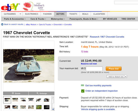The eBay listing (item no. 251051174912) for a 1967 Chevrolet Corvette has attracted bids nearing $250,000 because its seller says it was owned by Neil Armstrong.