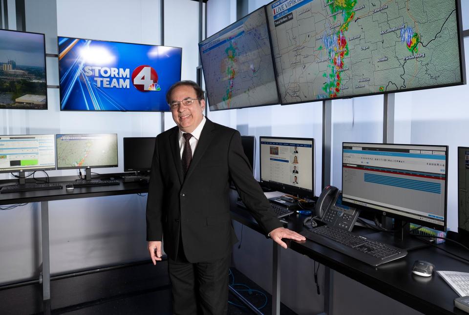 Jul 28, 2023; columbus, ohio, usa; NBC Meterologist Ben Gelber sits in an office that adjoins the newsroom called the “Storm Center” where he is able to study the weather. Gelber has been a meterologist for NBC for over 40 years.