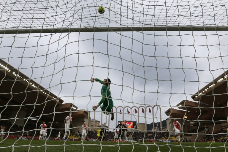 Monaco's Croatian goalkeeper Danijel Subasic stops the ball during the French L1 football match between Monaco (ASM) and Nice (OGCN) at Louis II Stadium in Monaco on February 6, 2016