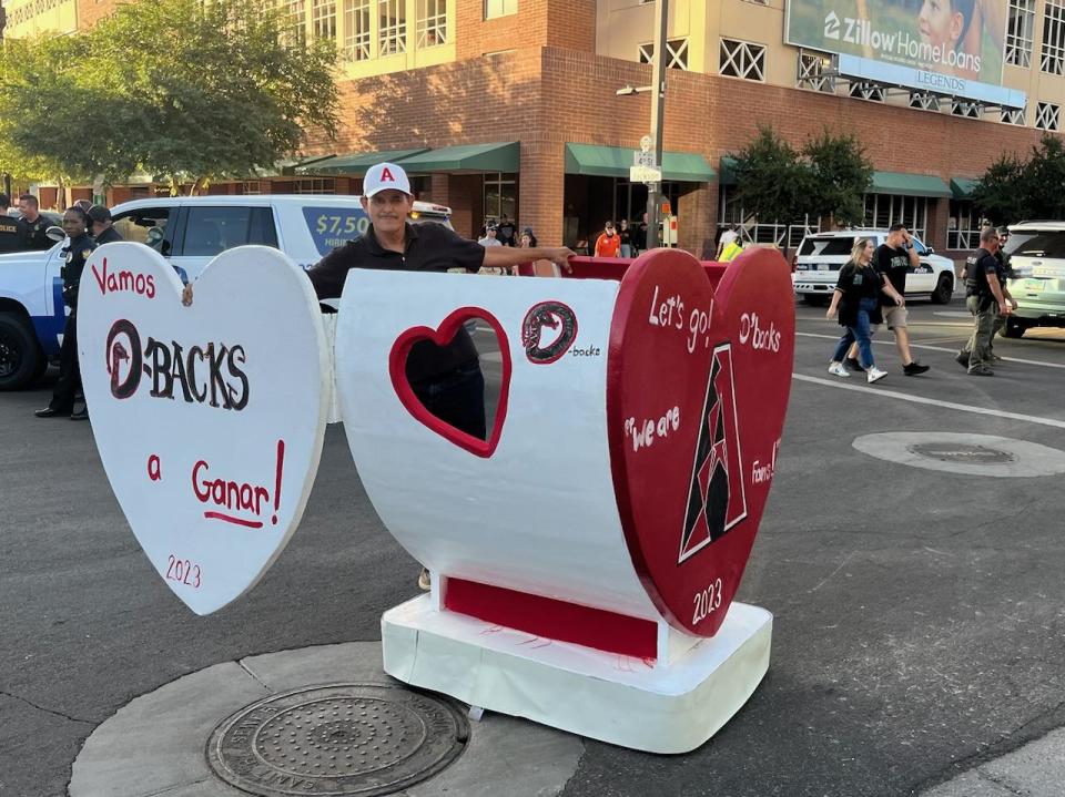 Armando Gutierrez gave World Series attendees a ride in his handmade heart-shaped display that celebrated the Arizona Diamondbacks. Gutierrez was at Game 5 of the World Series between the Diamondbacks and Texas Rangers on Wednesday, Nov. 1, 2023 at Chase Field.