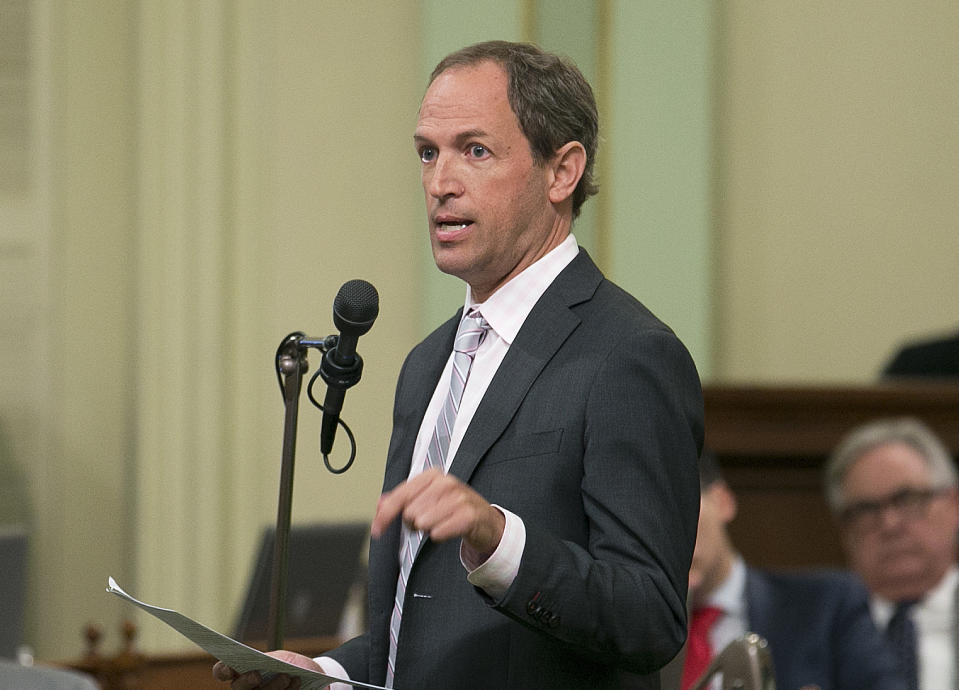 FILE - In this Sept. 14, 2017, file photo, Assemblyman Brian Maienschein, R-San Diego, speaks before the Assembly in Sacramento, Calif. Disability rights activists and advocates for Britney Spears backed a proposal by by Maienschein, now a Democrat, Wednesday, Jan. 19, 2022, to provide more protections for those under court-ordered conservatorships, while promoting less-restrictive alternatives. (AP Photo/Rich Pedroncelli, File)