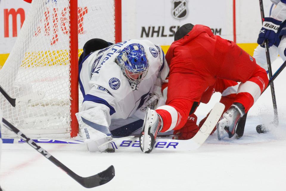 Tampa Bay Lightning goaltender Andrei Vasilevskiy (88) blocks a shot during the second period against the Detroit Red Wings at Little Caesars Arena in Detroit on Sunday, Jan. 21, 2024.
