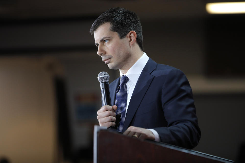 Democratic presidential candidate South Bend Mayor Pete Buttigieg speaks at a culinary workers union hall Saturday, Jan. 11, 2020, in Las Vegas. (AP Photo/John Locher)