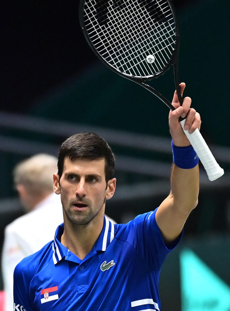 Novak Djokovic holding up a tennis racket