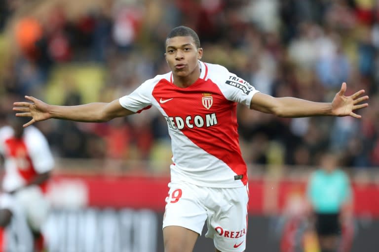 Monaco's Kylian Mbappe celebrates after scoring a goal during their French Ligue 1 match against Bordeaux, at the Louis II Stadium in Monaco, on March 11, 2017