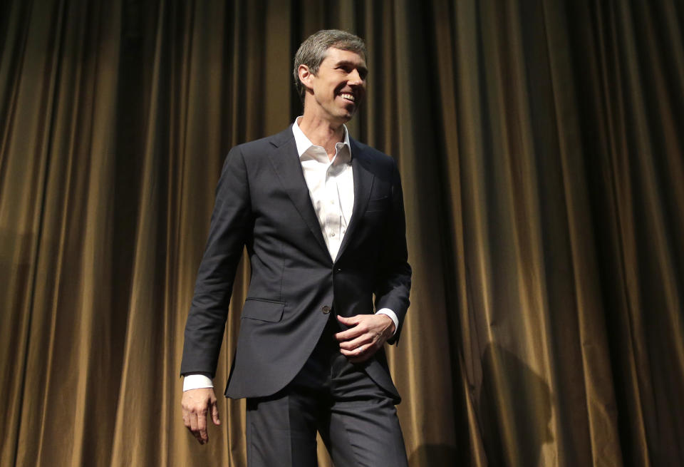 Democratic presidential candidate and former Texas congressman Beto O'Rourke leaves the stage after speaking during the National Action Network Convention in New York, Wednesday, April 3, 2019. (AP Photo/Seth Wenig)