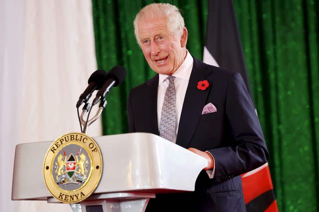 <p>CHRIS JACKSON/POOL/AFP via Getty </p> King Charles speaks in Kenya on Oct. 31, 2023