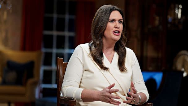 PHOTO: Gov. Sarah Huckabee Sanders, R-Ark., speaks while delivering the Republican response to President Biden's State of the Union address, Feb. 7, 2023, in Little Rock, Ark. (Bloomberg/Pool via AP)