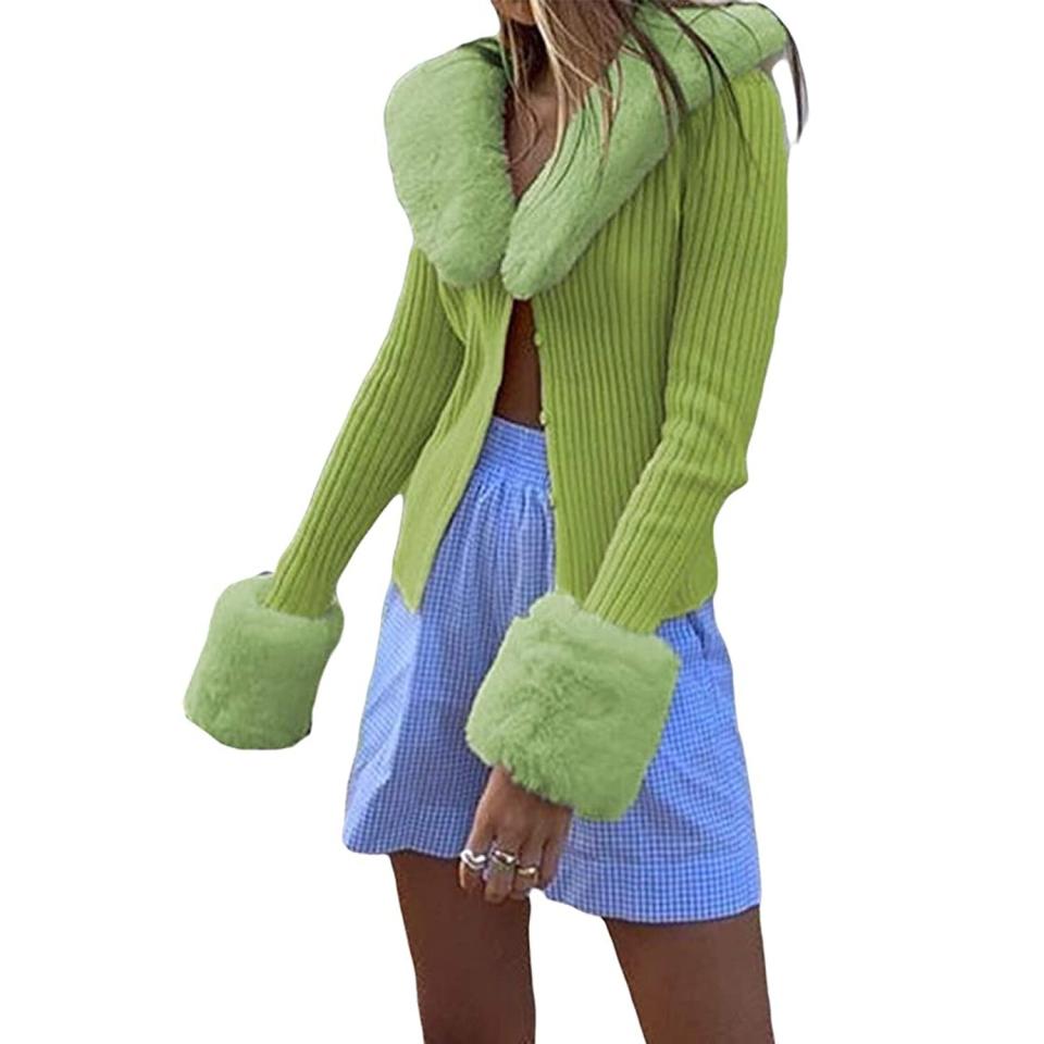 woman wearing green cardigan