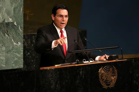 Israeli Ambassador to the United Nations Danny Danon addresses a United Nations General Assembly meeting ahead of a vote on a draft resolution that would deplore the use of excessive force by Israeli troops against Palestinian civilians at U.N. headquarters in New York, U.S., June 13, 2018. REUTERS/Mike Segar