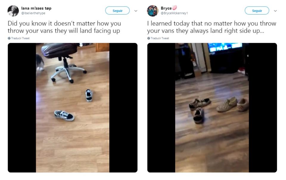 El reto viral de arrojar las Vans por el aire es un éxito. Foto: <a href="https://twitter.com/Ibelievthehype/status/1101943684797530112" rel="nofollow noopener" target="_blank" data-ylk="slk:Twitter.com/Ibelievthehype;elm:context_link;itc:0;sec:content-canvas" class="link ">Twitter.com/Ibelievthehype</a> / <a href="https://twitter.com/BryceMckenney1/status/1102274890898571265" rel="nofollow noopener" target="_blank" data-ylk="slk:Twitter.com/BryceMckenney1;elm:context_link;itc:0;sec:content-canvas" class="link ">Twitter.com/BryceMckenney1</a>