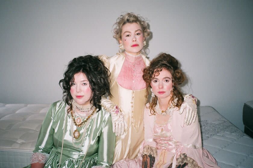 NEW YORK, NY - MARCH 1: (L-R) Lucy Dacus, Phoebe Bridgers and Julien Baker of group Boygenius are photographed at a mattress store in New York, New York on March 1, 2023. (Marie Tomanova / For The Times)