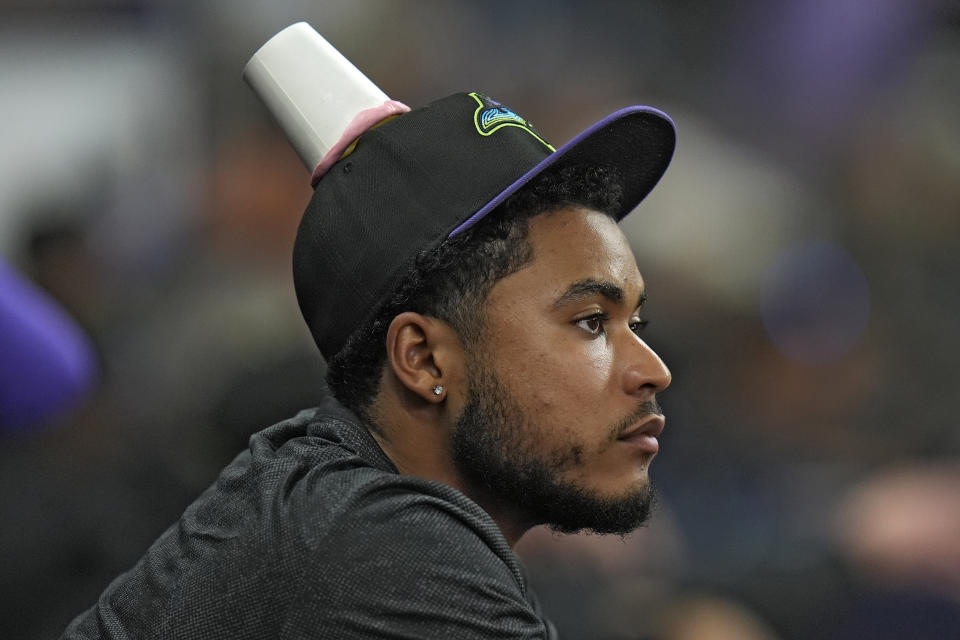 Tampa Bay Rays pitcher Taj Bradley has a paper cup stuck to his hat as a prank by teammates during the fifth inning of a baseball game against the Chicago White Sox Wednesday, May 8, 2024, in St. Petersburg, Fla. (AP Photo/Chris O'Meara)