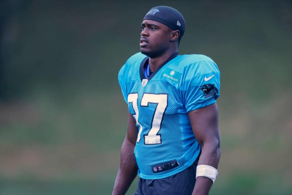 Carolina Panthers defensive back J.T. Ibe walks onto the practice field at the NFL football team’s training camp in Spartanburg, S.C., Tuesday, Aug. 3, 2021. Carolina Panthers wide receiver Keith Kirkwood was hit in the neck area during practice Tuesday, carted off the field and taken away in an ambulance. Defensive back J.T. Ibe delivered the hit on a pass play and was immediately kicked out of the team’s first padded practice by coach Matt Rhule. (AP Photo/Nell Redmond)