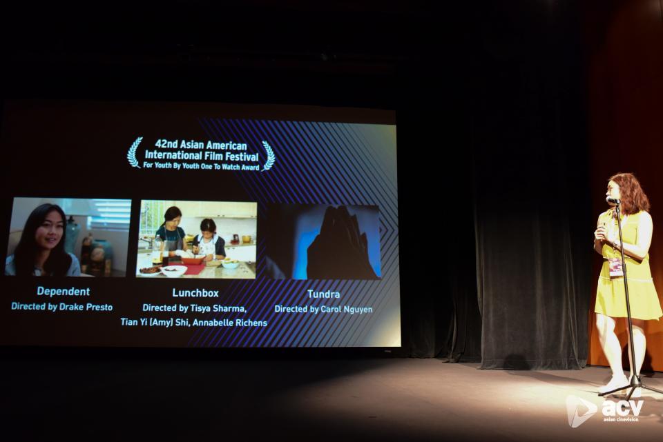 Asian American International Film Festival Director Kayla Wong announces the nominees in the "For Youth by Youth One to Watch" category at the 2019 award ceremony.