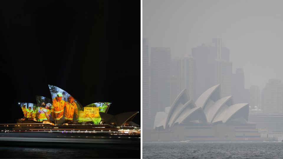 Right: The Sydney Opera House choked by bushfire smoke. (Source: AAP)