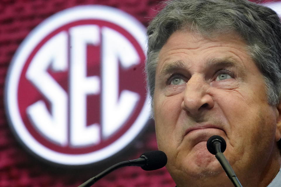 Mississippi State head coach Mike Leach speaks during SEC Media Days on Tuesday, July 19, 2022, in Atlanta. (AP Photo/John Bazemore)